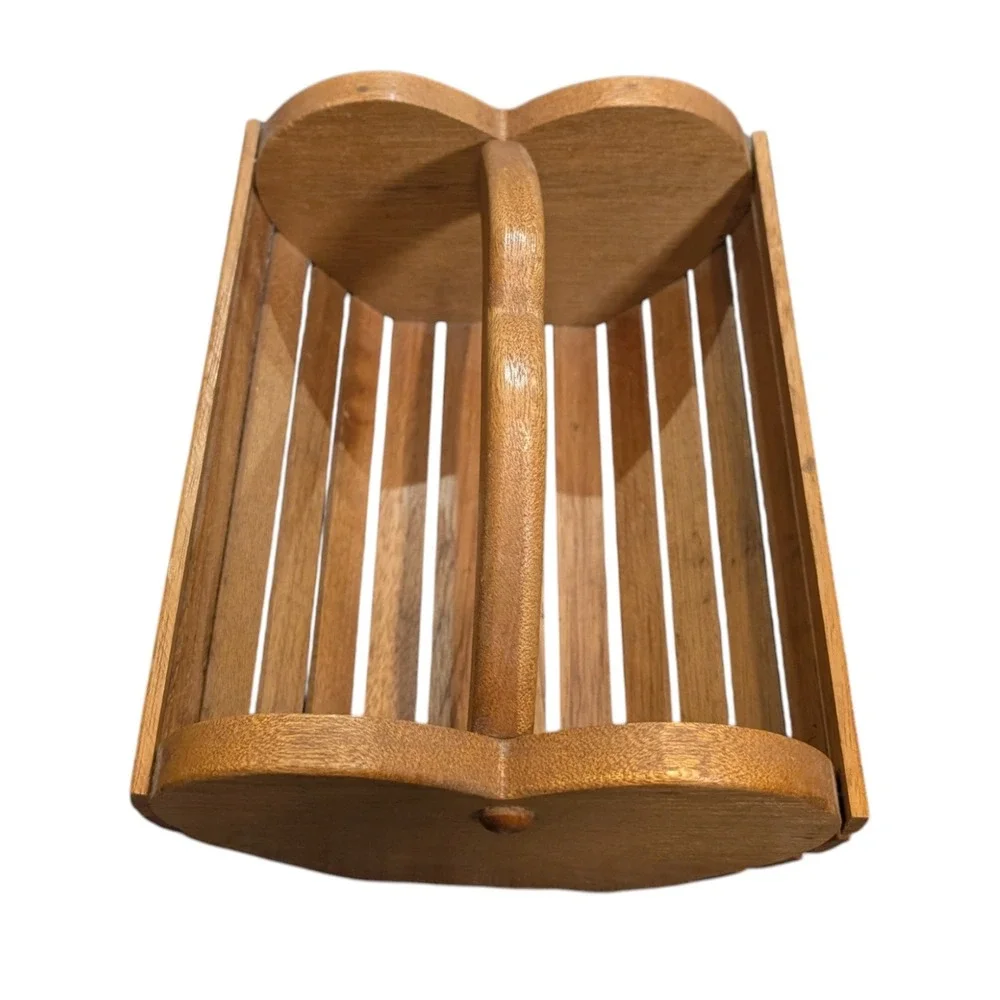 Vintage Heart Shaped Wooden Slat Basket Caddy with Handle Farmhouse Decor